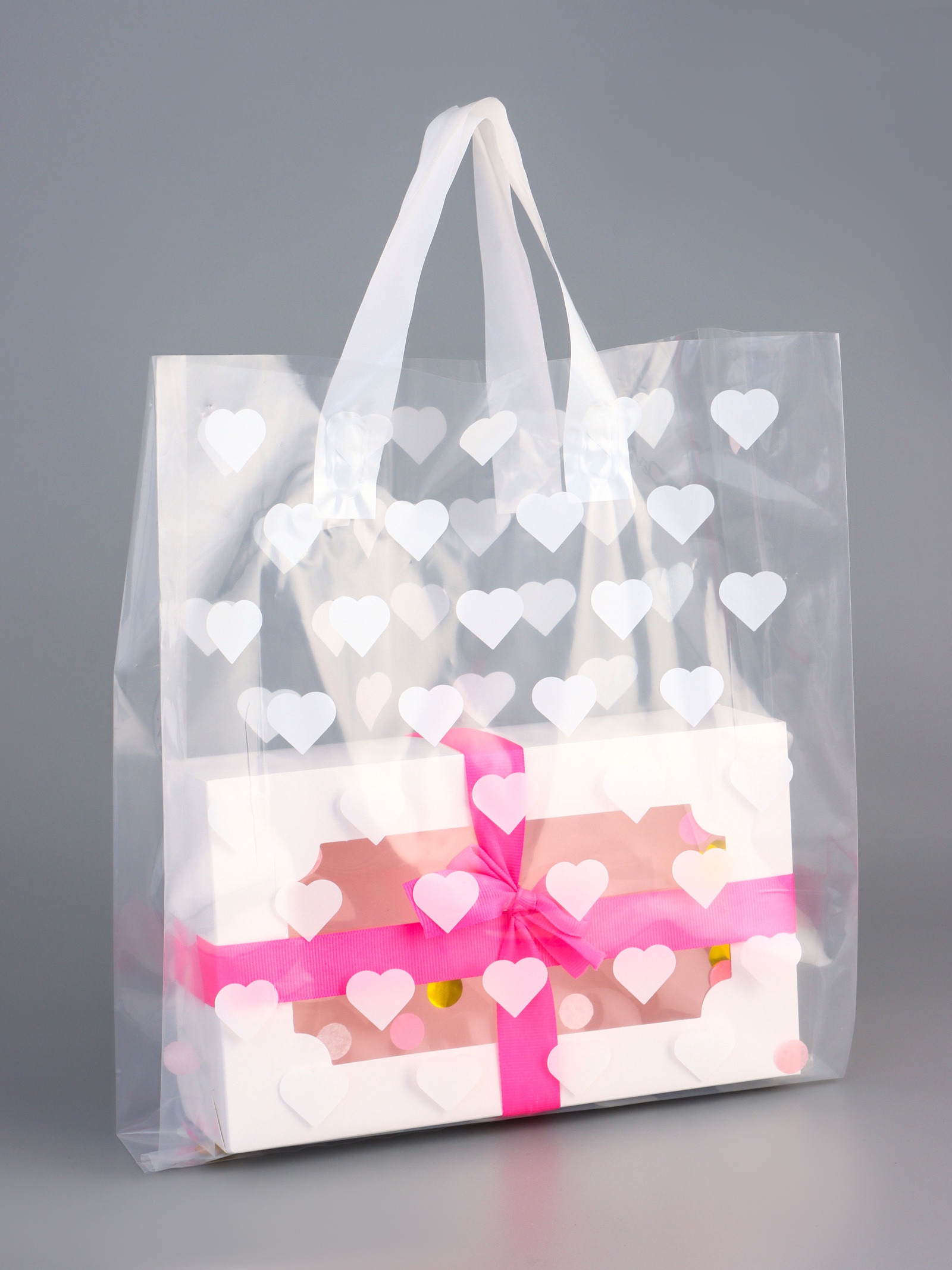 Пакет полиэтиленовый Сердечки подарочный с ручками 30*37см 1шт.